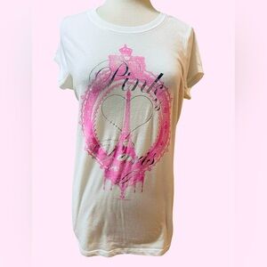 PINK 💗 PARIS “Love and Kisses” Victoria Secret White Pink Silver Tee L New